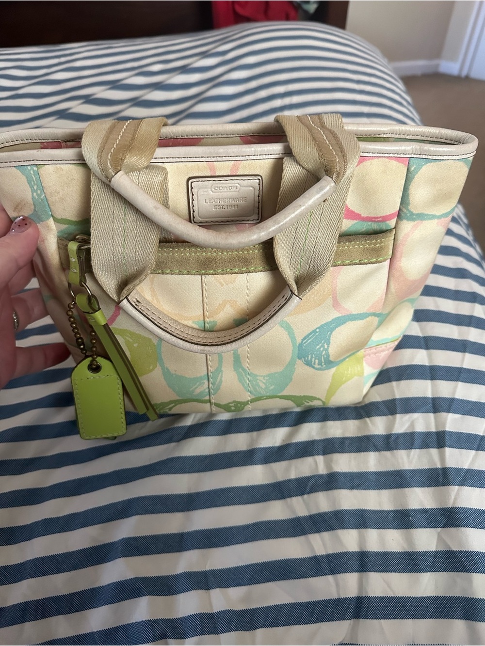 Coach Mini Tote in Cream with Pastel Green and Pink Circle Print